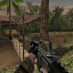 Vietcong mit der M16 über die brücke und durch den jungle